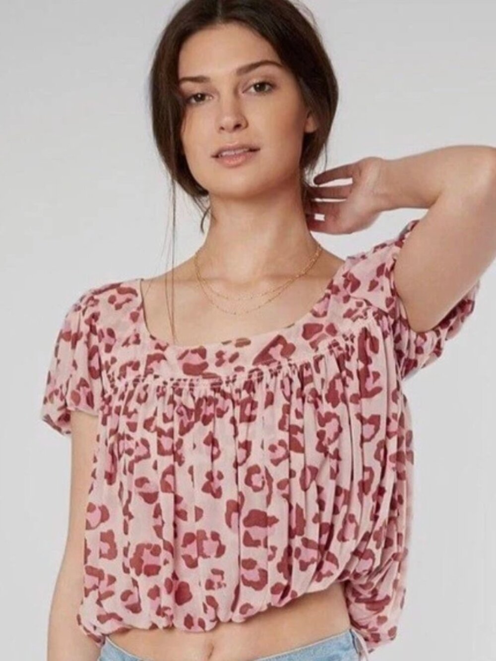 EUC Free People Meg's Blouse Pink Leopard Cropped Top size XS Mesh Pleated